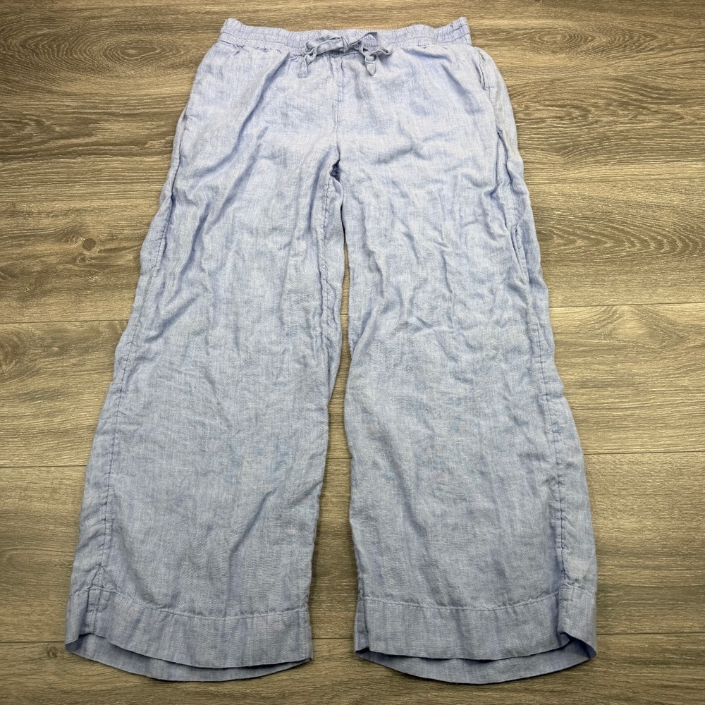 J Crew Linen Pants Women Medium Tall Blue Wide Leg Ankle Coastal Lagenlook Beach
